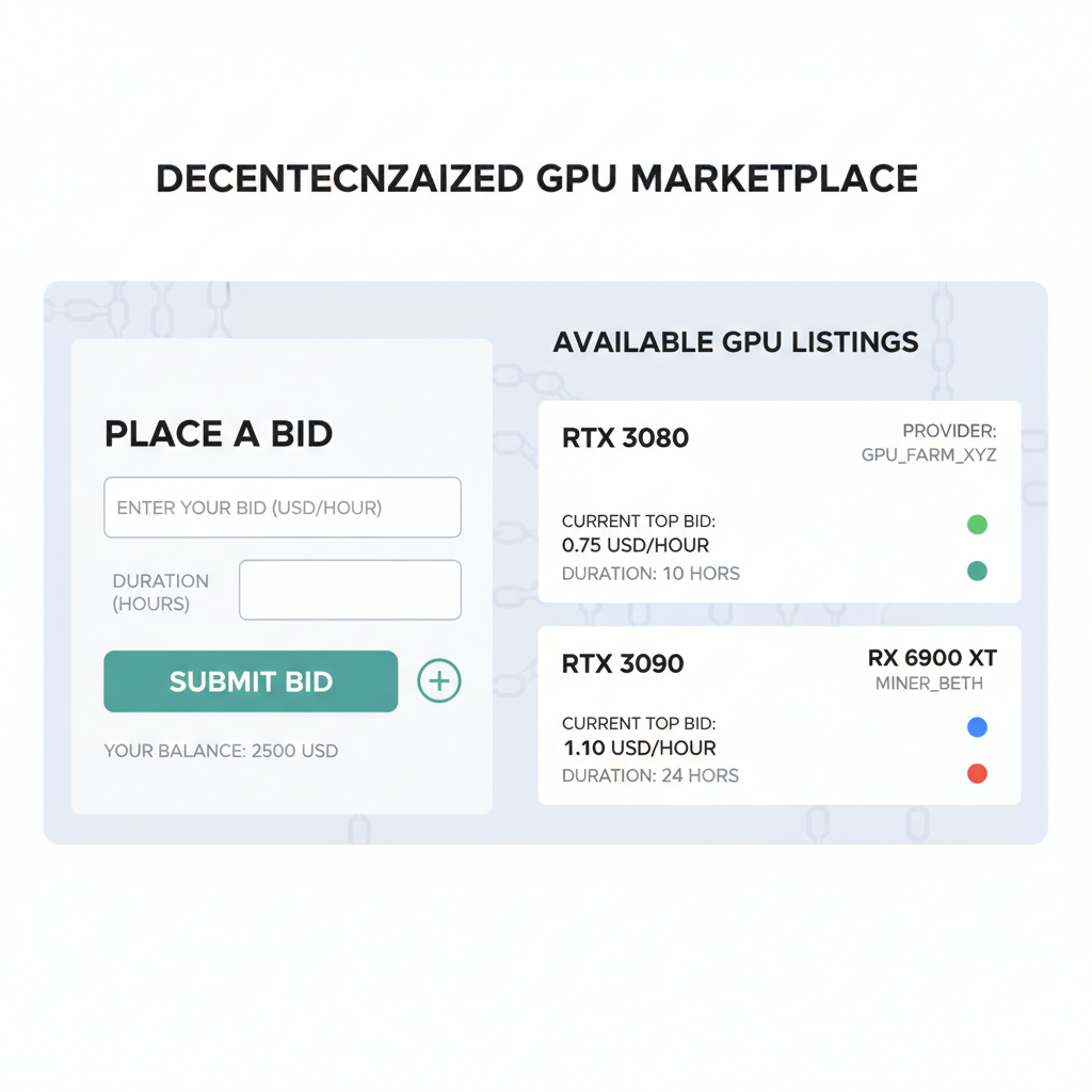 bidding interface on decentralized GPU marketplace, bid input and listings