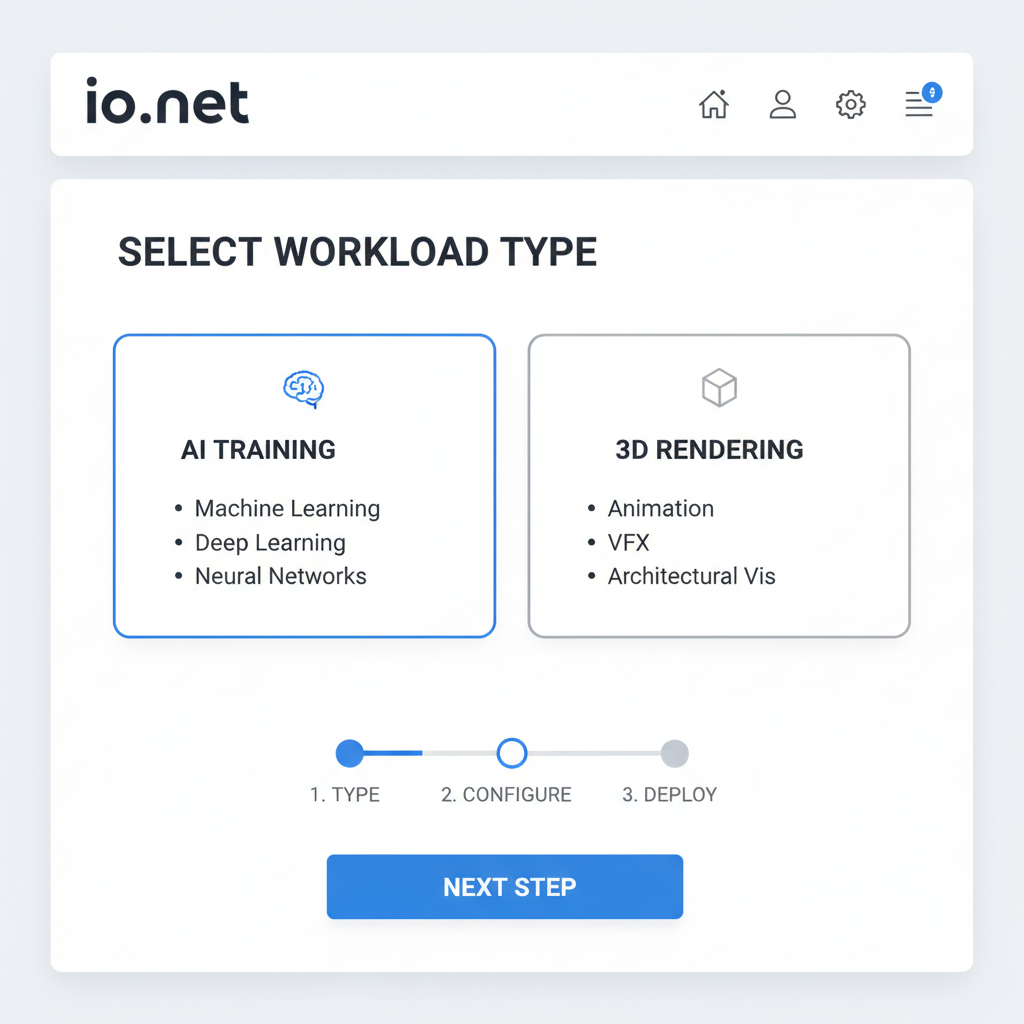 io.net workload selection screen for AI training and rendering, simple dashboard view