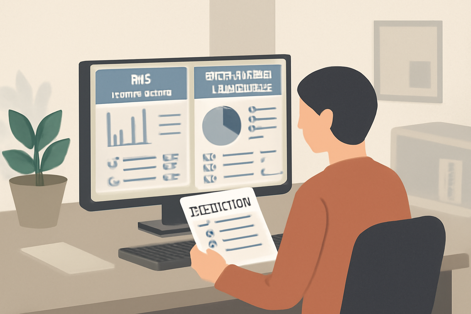 A professional office setting with a person reviewing HR and accounting software dashboards on a computer, highlighting compatibility checklists.