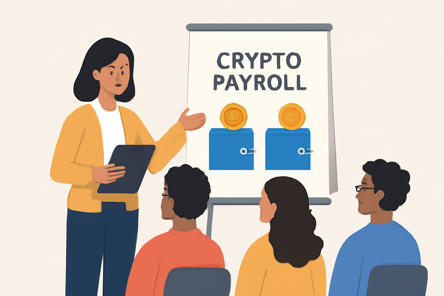 An HR manager presenting crypto payroll information to a diverse group of employees, with digital wallet icons displayed.