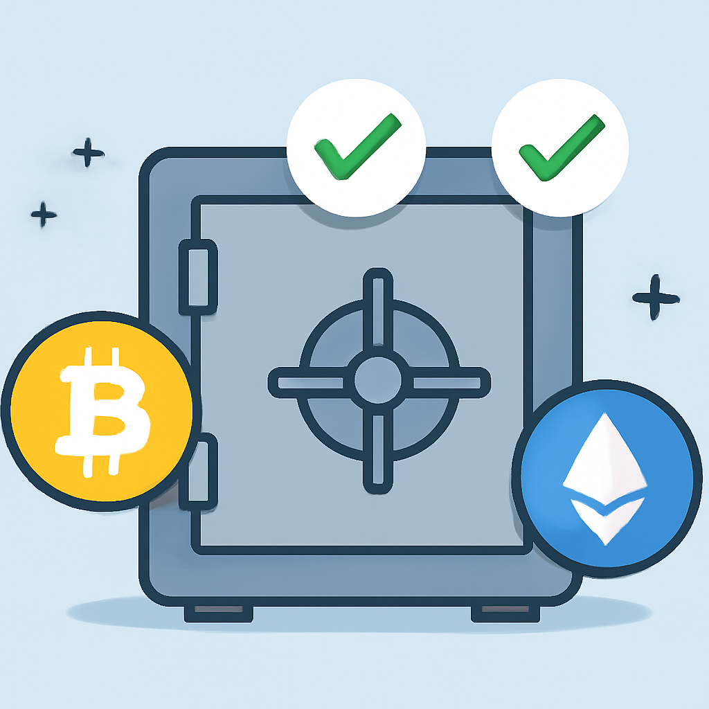 A secure digital vault with crypto symbols and compliance checkmarks, emphasizing security and regulation.