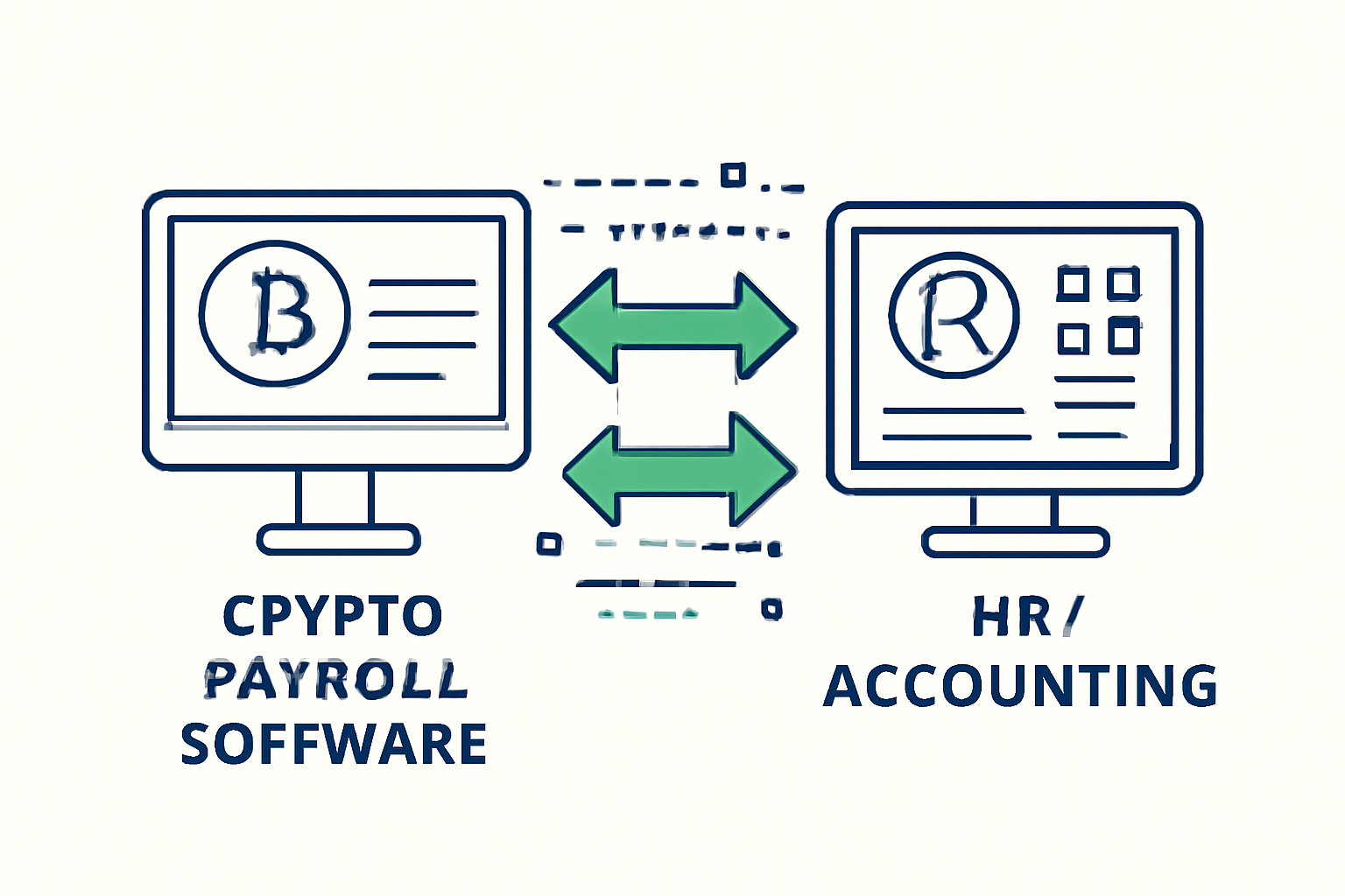 A seamless data flow illustration between crypto payroll software and HR/accounting platforms, connected by arrows and digital lines.