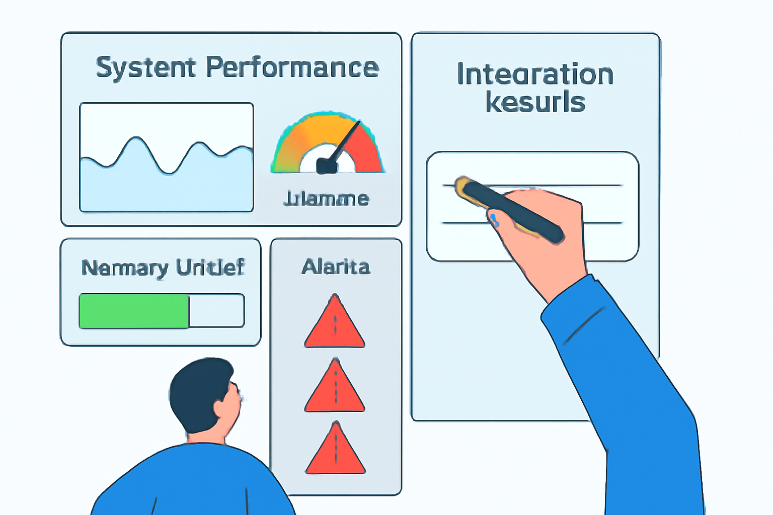 A dashboard showing system performance metrics and alerts, with a person analyzing integration results and making adjustments.