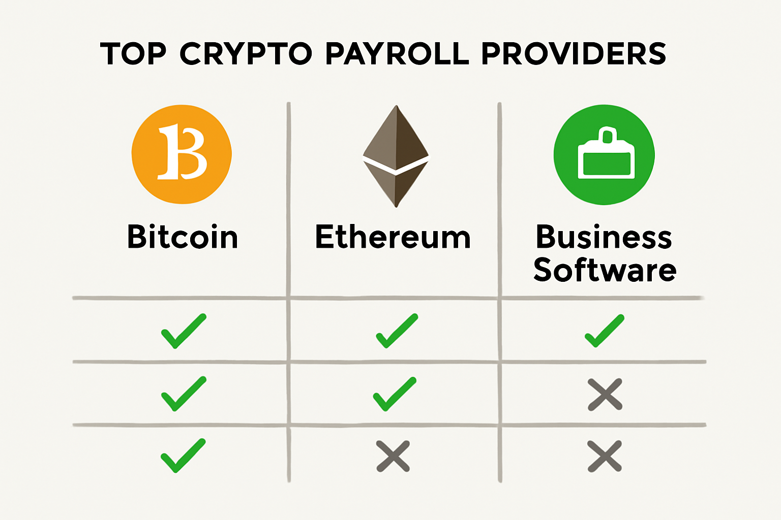 A comparison chart of top crypto payroll providers with icons for Bitcoin, Ethereum, and business software like QuickBooks.