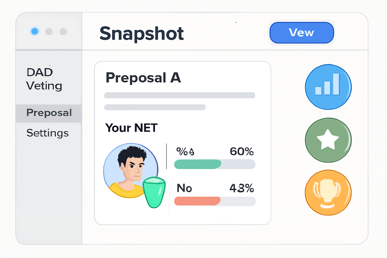 snapshot dao voting ui integrated with soulbound nfts, charts and badges, modern dashboard
