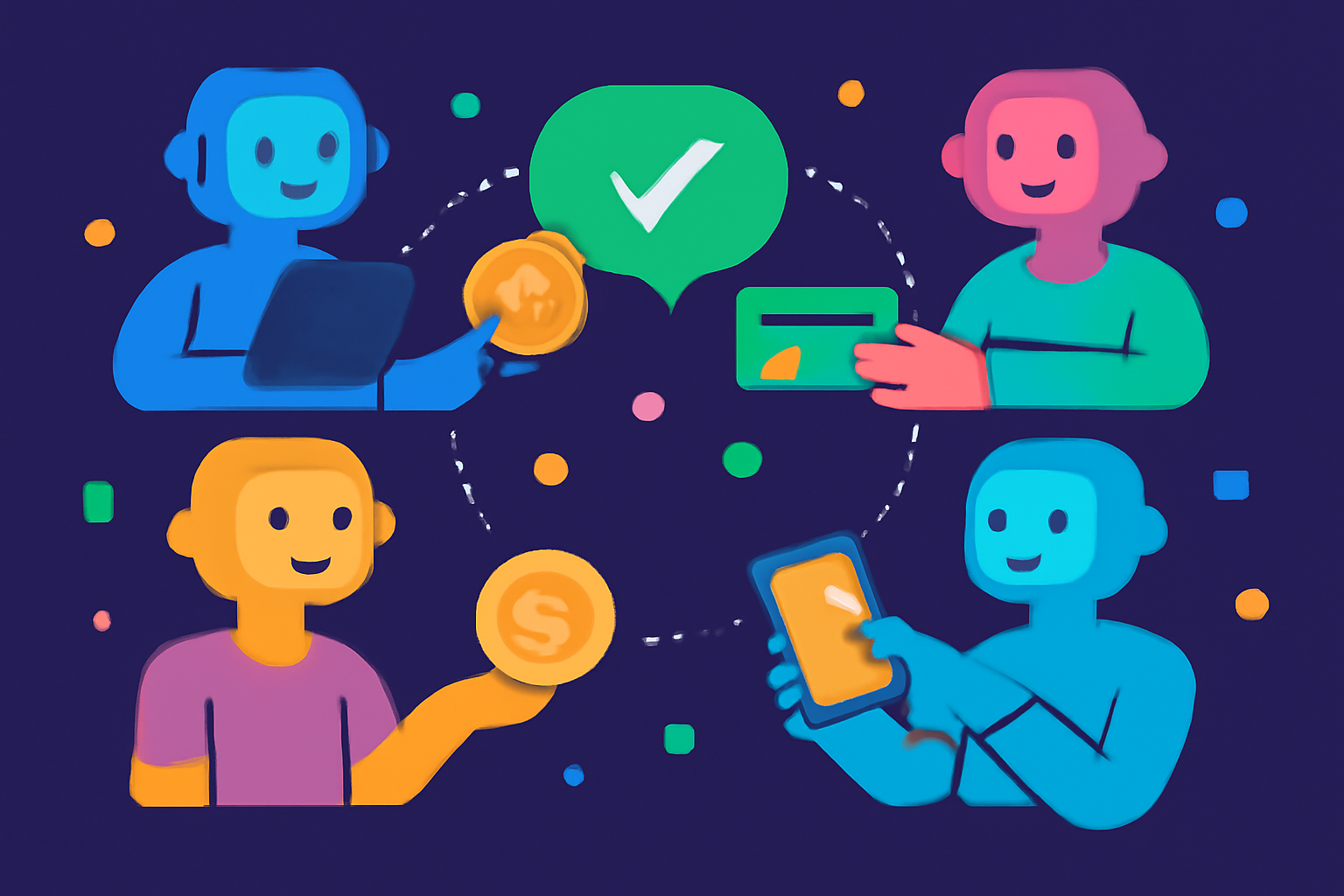 Multiple AI agents autonomously transacting, seamless payment flows, digital ecosystem, vibrant colors, futuristic AI network