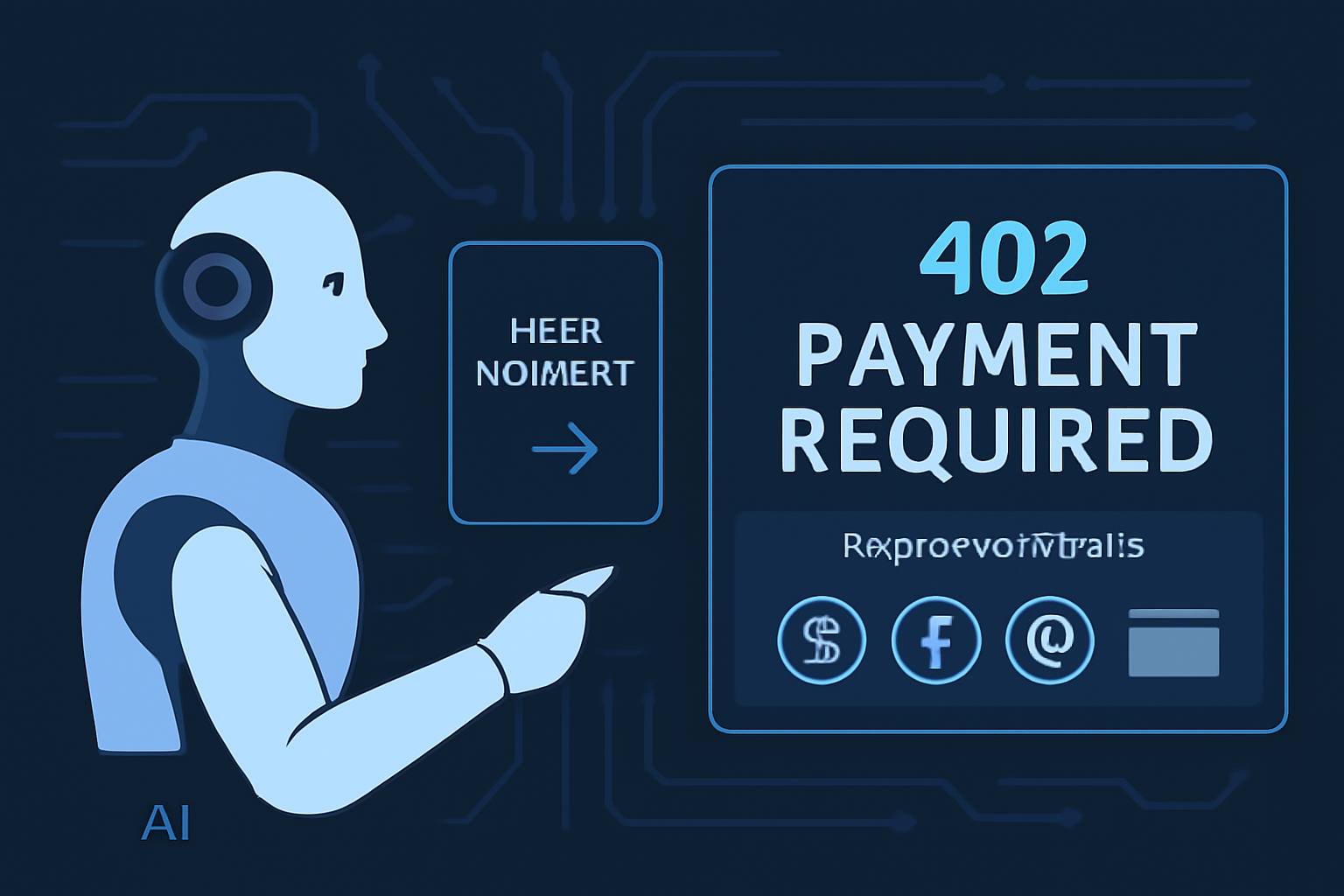 AI agent sending HTTP request and receiving 402 Payment Required response with payment details, digital interface, stablecoin icons, futuristic style