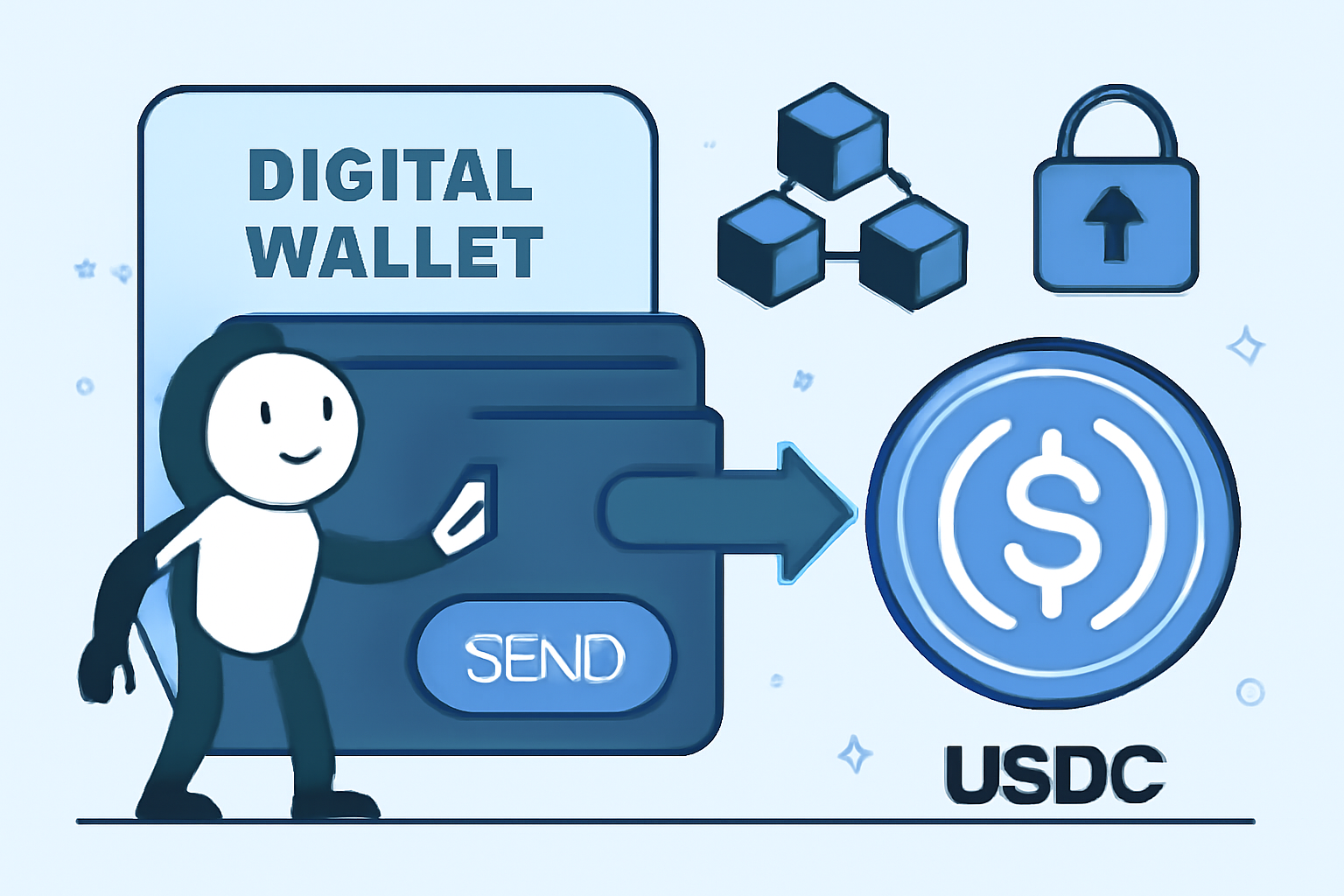 AI agent interacting with digital wallet, sending USDC payment, blockchain elements, secure transaction, modern design