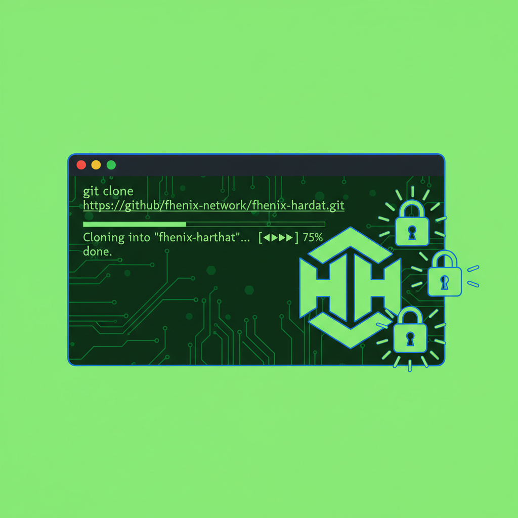 git clone command in terminal cloning Fhenix repo, Hardhat logo with encryption locks, neon green code background