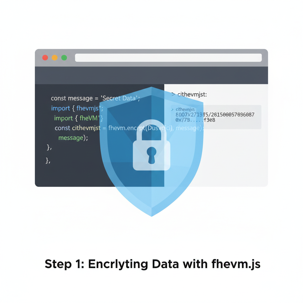 JavaScript code encrypting data with fhevmjs, browser console with ciphertext output, privacy shield overlay