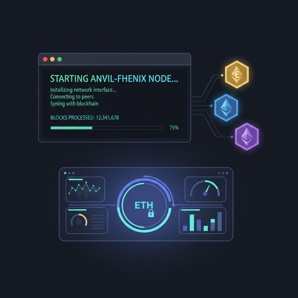 anvil-fhenix node starting in terminal, Ethereum blockchain nodes with shield icons, futuristic dashboard glow