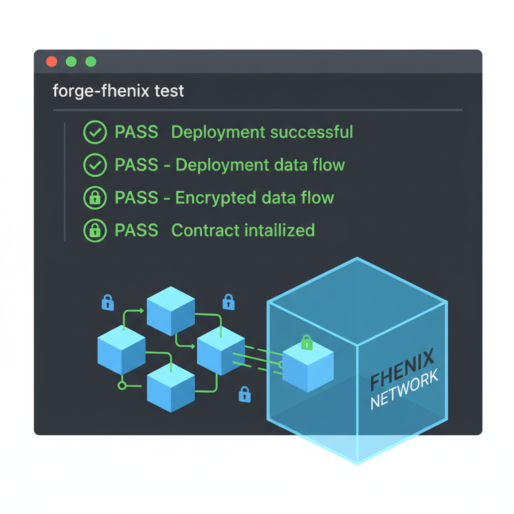 forge-fhenix test command output in terminal, green pass checks with lock icons, blockchain deployment animation