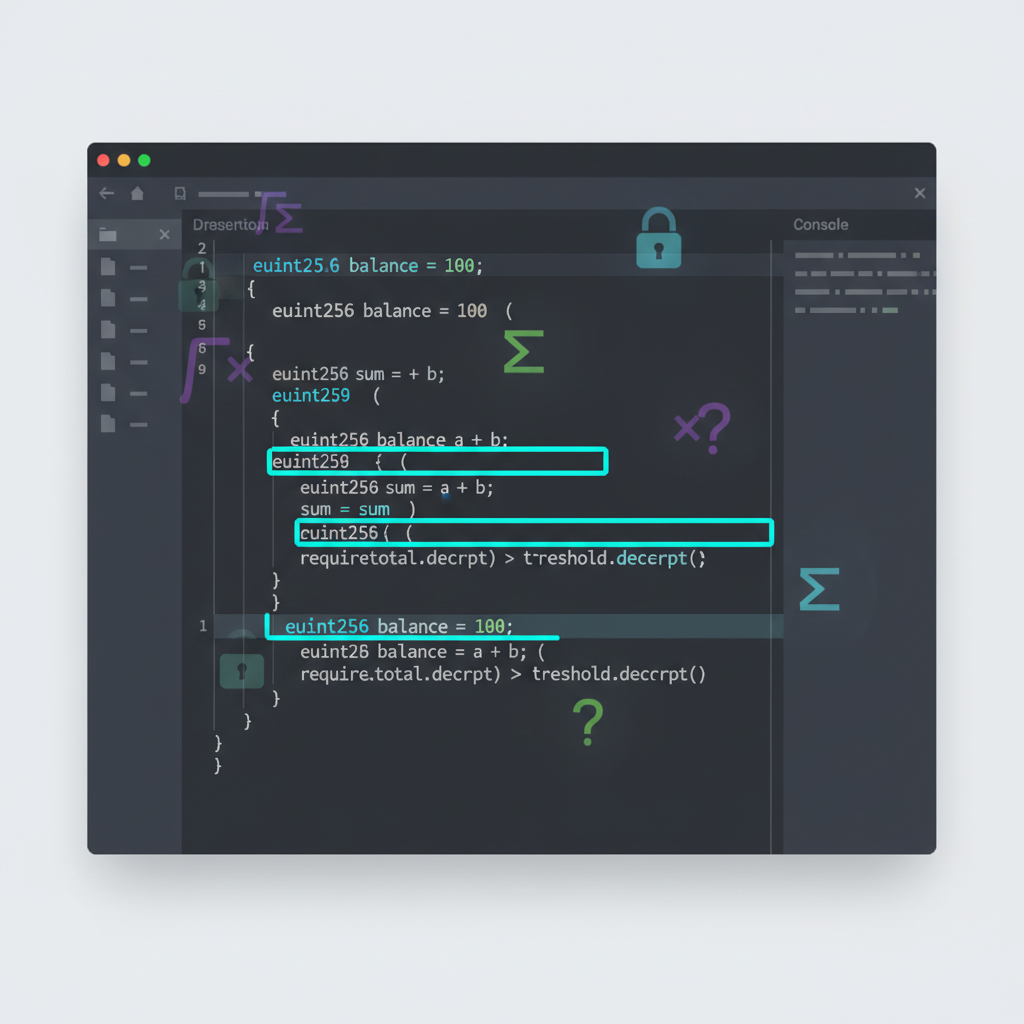 Solidity code editor with euint operations highlighted, encrypted math symbols floating, dark mode IDE
