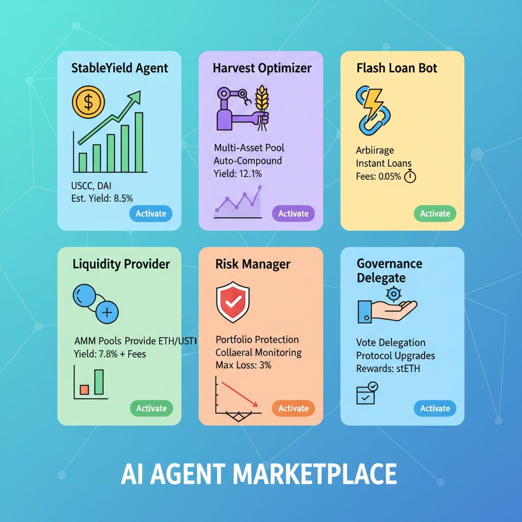 grid of AI agent cards on DeFi platform, vibrant icons stablecoins yields charts