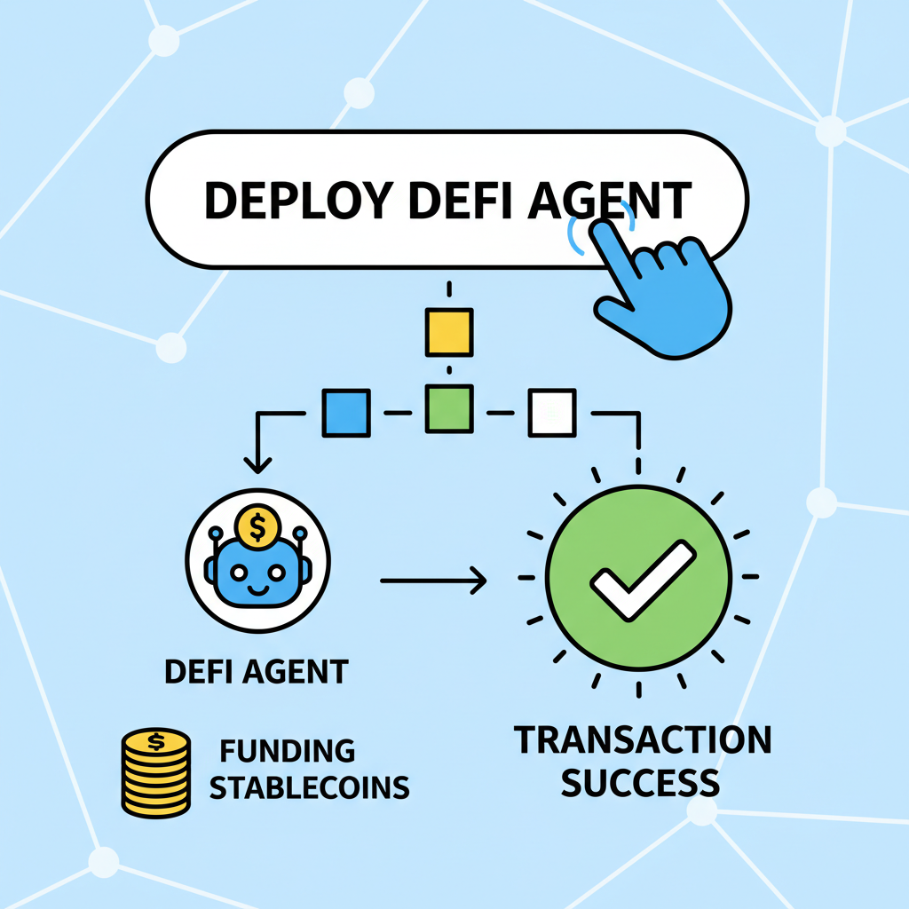 deploy button press DeFi agent funding stablecoins, transaction success animation