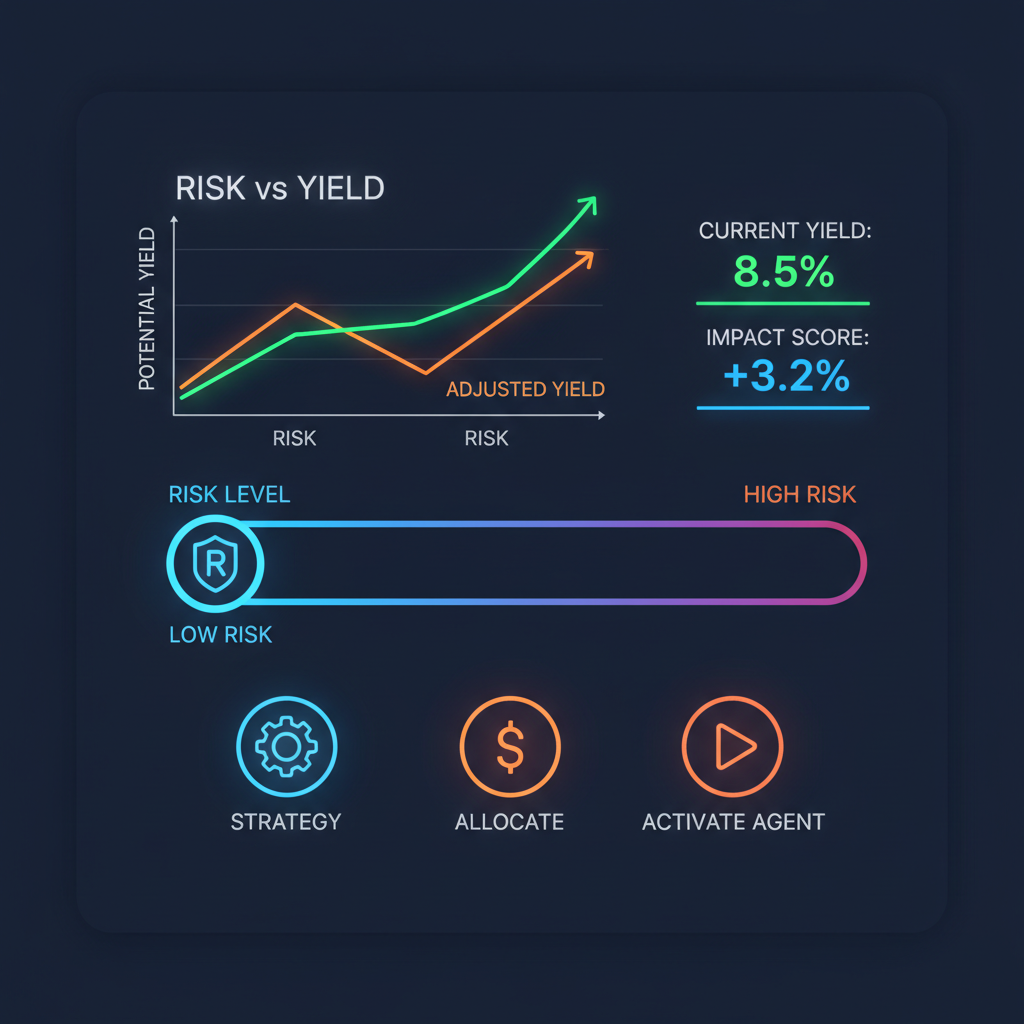 customize risk slider UI DeFi agent setup, graphs risk vs yield neon interface