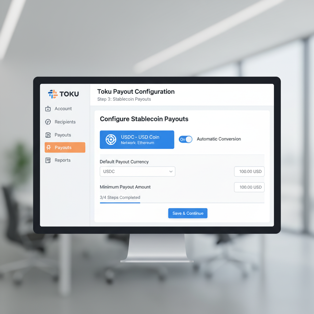 Toku dashboard configuring USDC stablecoin payouts, sleek fintech design