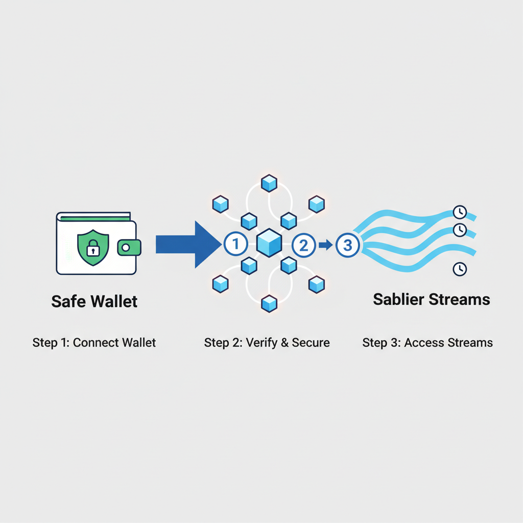 Safe wallet connecting to Sablier streams graphic, blockchain nodes linking