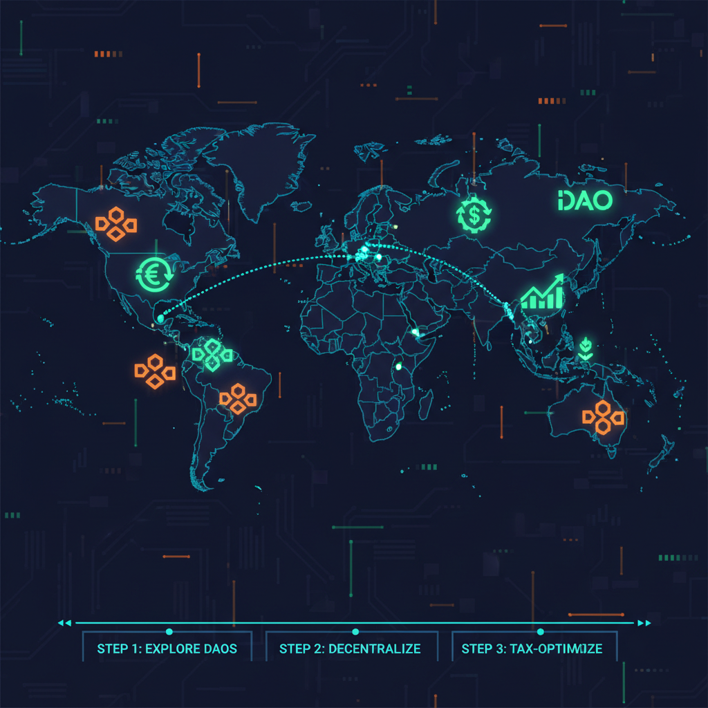 world map highlighting countries with tax icons and DAO symbols, cyberpunk style