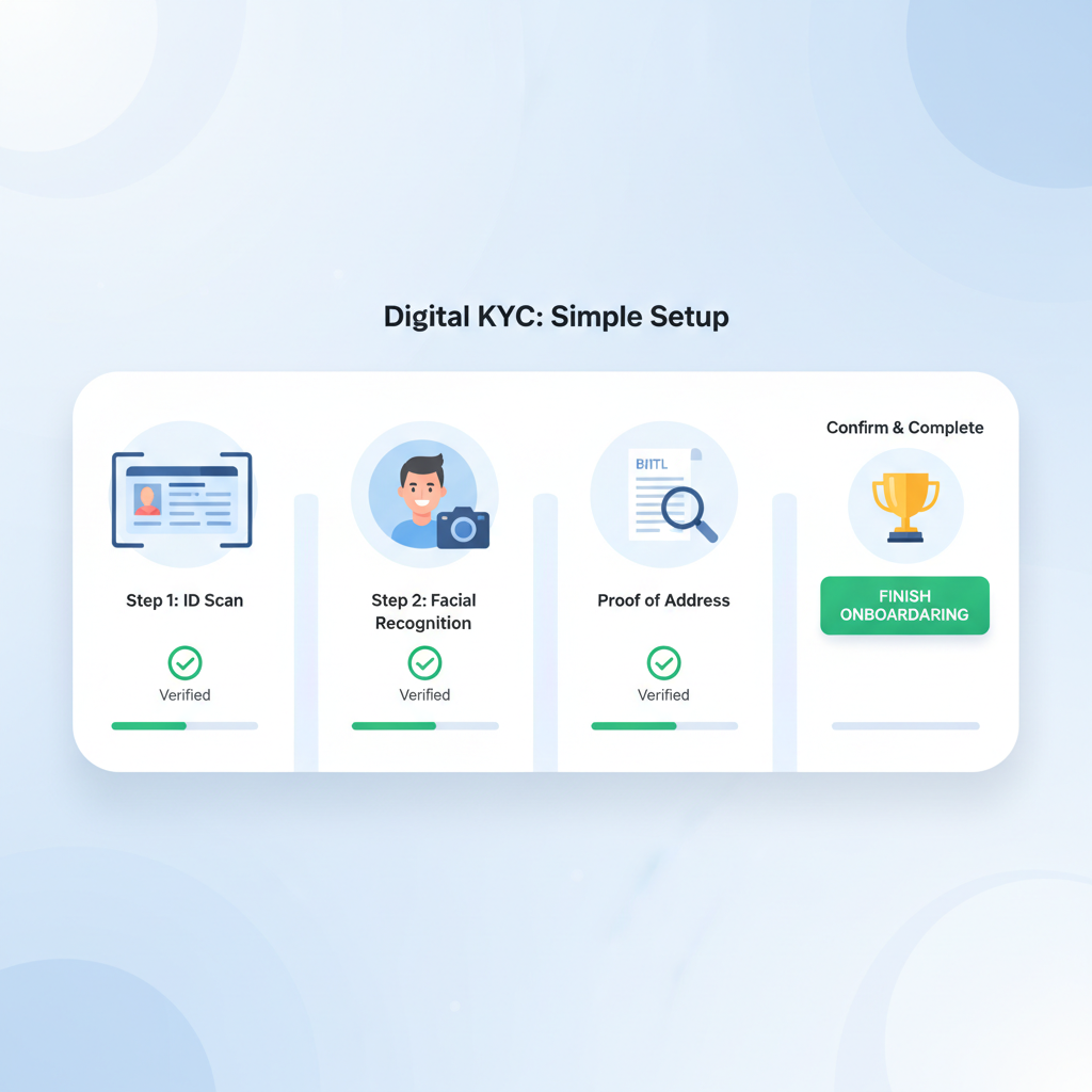 digital KYC onboarding interface with verified checks, modern UI
