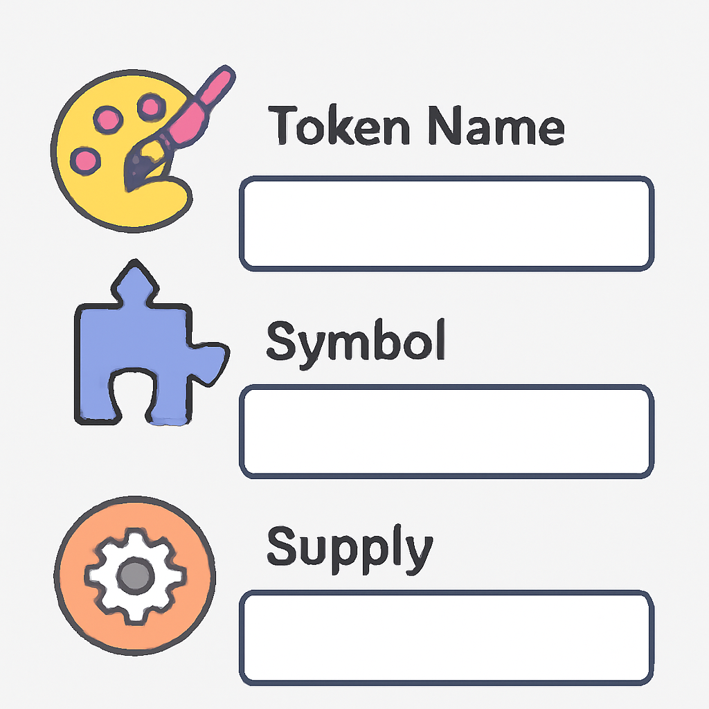 A form interface where a user enters token name, symbol, and supply, with creative icons representing customization.