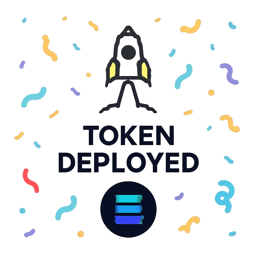 A celebratory launch screen with a 'Token Deployed' message, confetti, and a Solana logo, indicating success.
