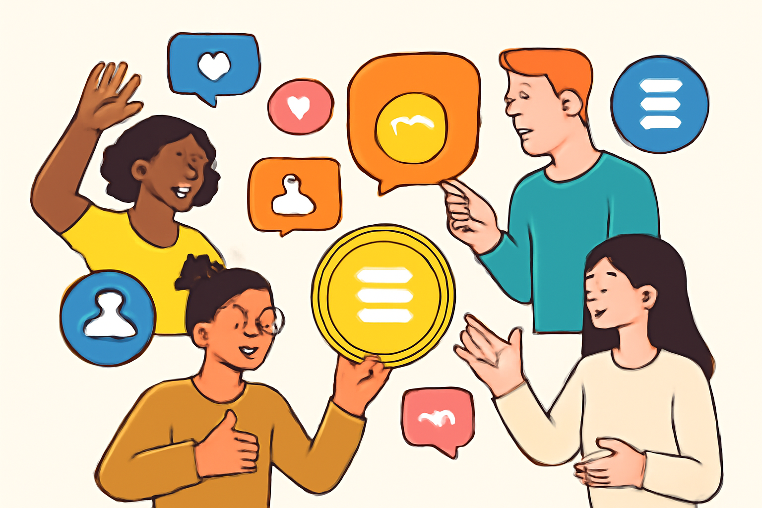 A diverse group of people celebrating online, sharing and discussing a new token, with digital community icons and Solana branding.