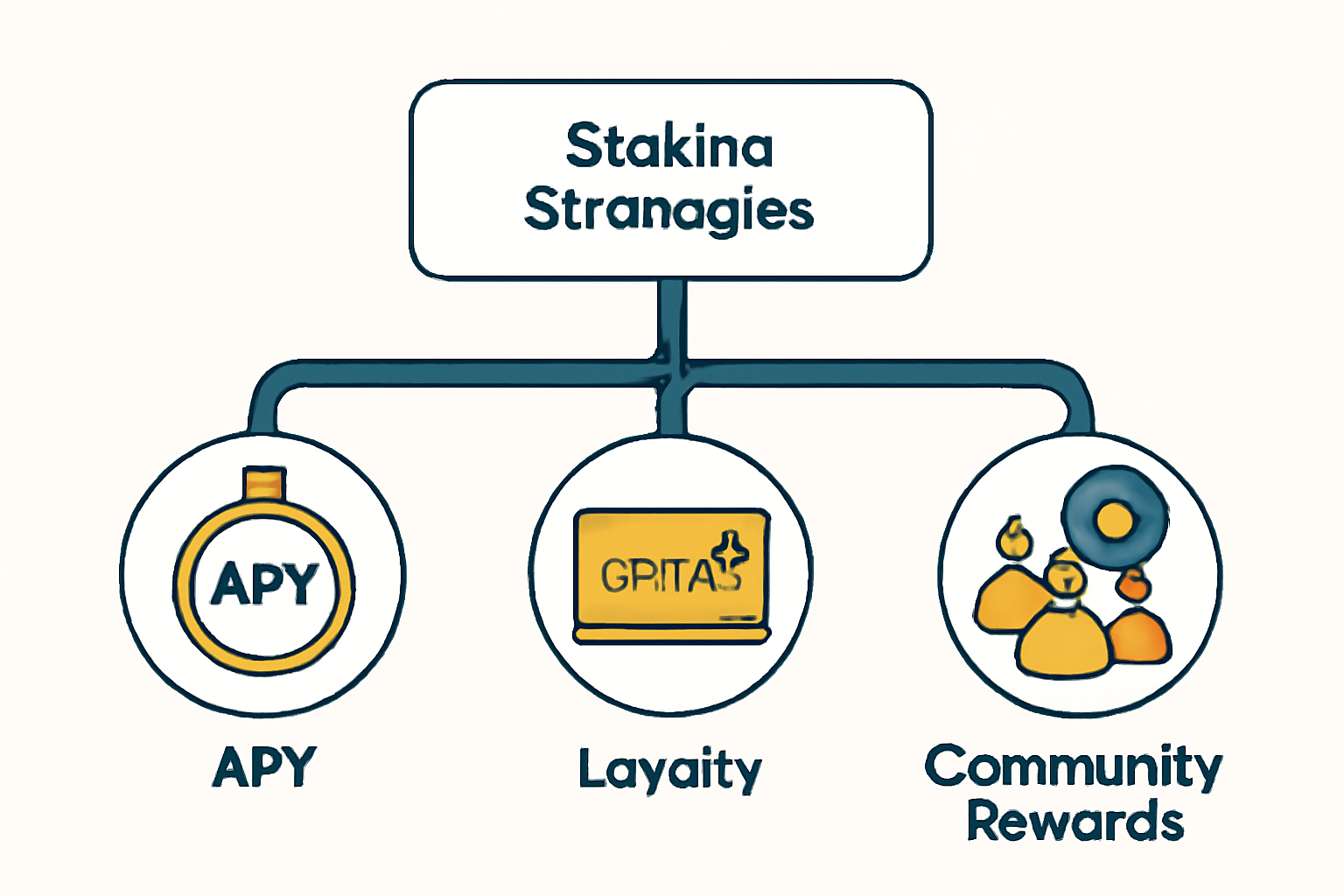 A branching path diagram showing different staking strategies, with icons for APY, loyalty, and community rewards.