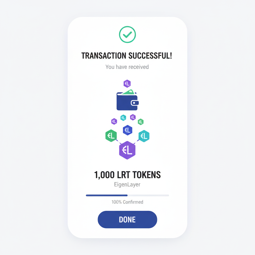 transaction confirmation screen receiving LRT tokens EigenLayer success animation