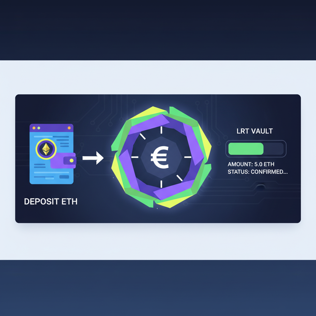 depositing ETH into glowing auto-rotating LRT vault interface futuristic UI