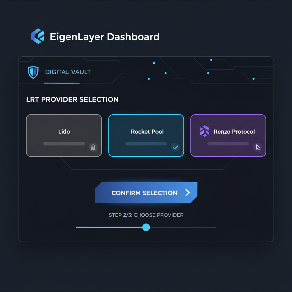 sleek digital vault interface selecting LRT provider on EigenLayer dashboard crypto style