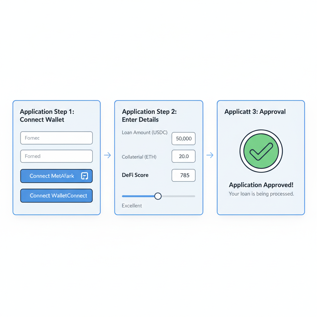 Web3 lending application form with DeFi score input field, approval checkmark, modern DeFi lending UI