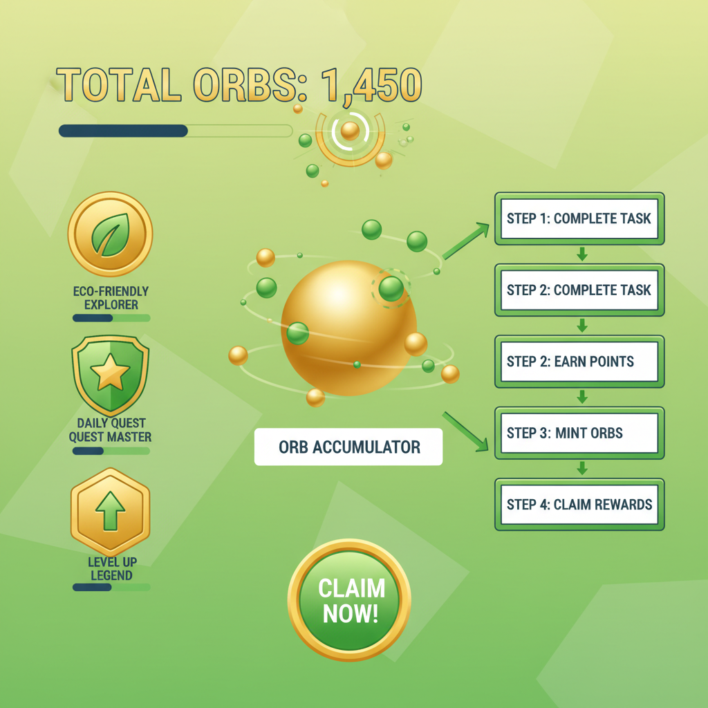 points earning interface with ORBs tokens accumulating, reward badges, vibrant green and gold colors