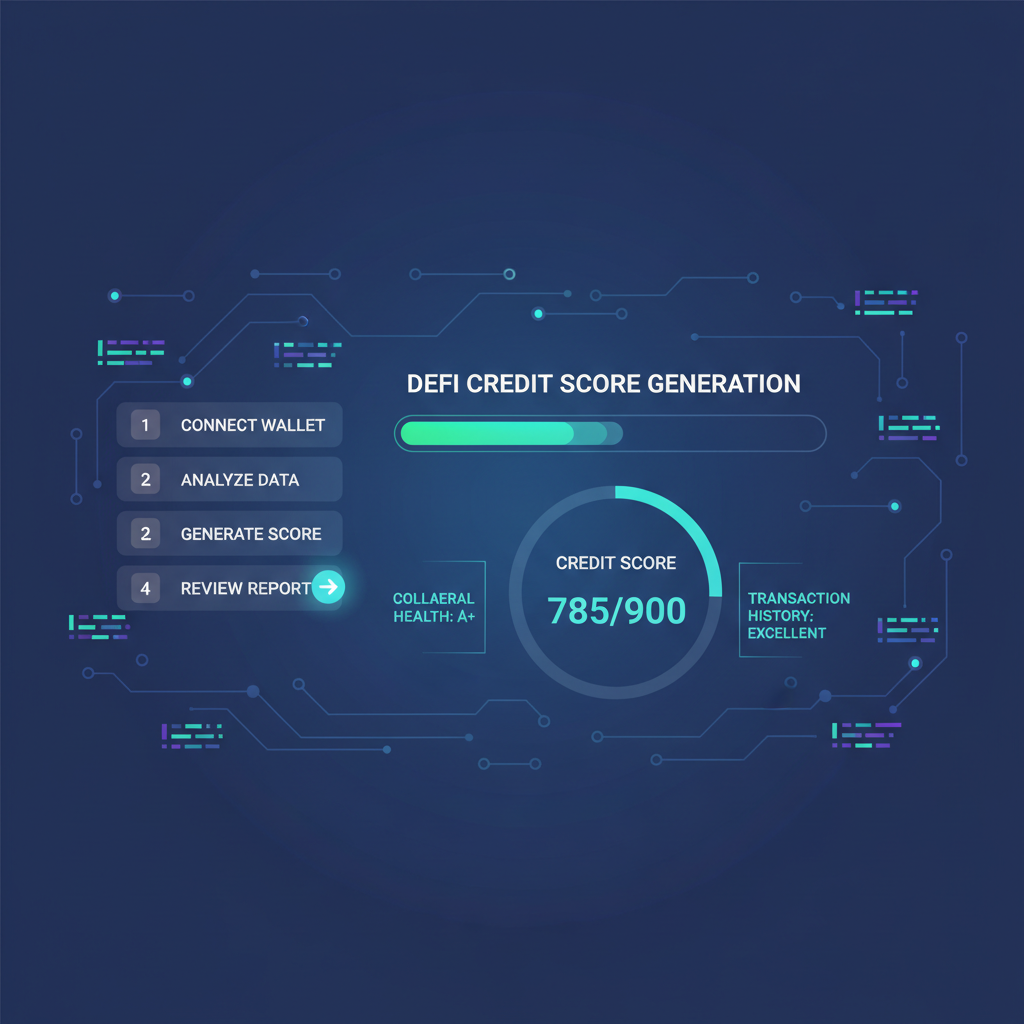 dashboard showing DeFi credit score generation progress bar, glowing score metrics, blockchain data visualization background