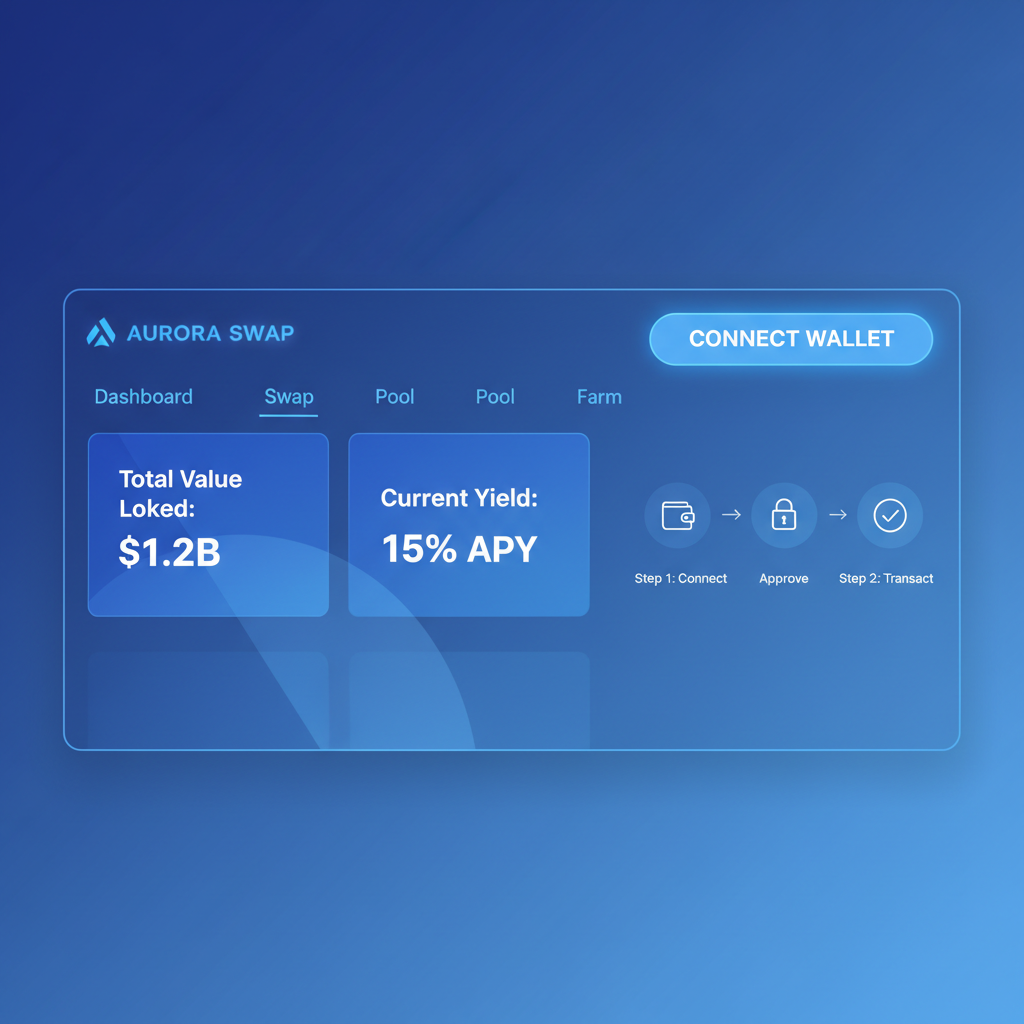 clean UI screenshot of DeFi dApp homepage with connect wallet button highlighted, futuristic blue tones, web3 style