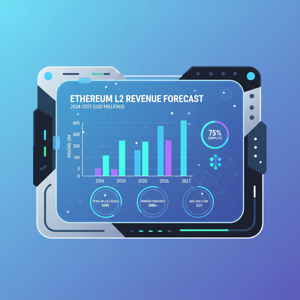 futuristic dashboard showing Ethereum L2 revenue forecast graph with rising bars
