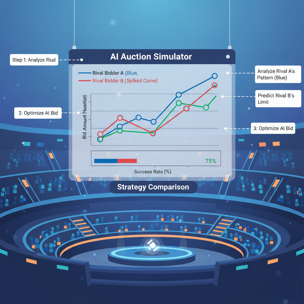 AI simulation graph of rival bidder strategies in auction arena