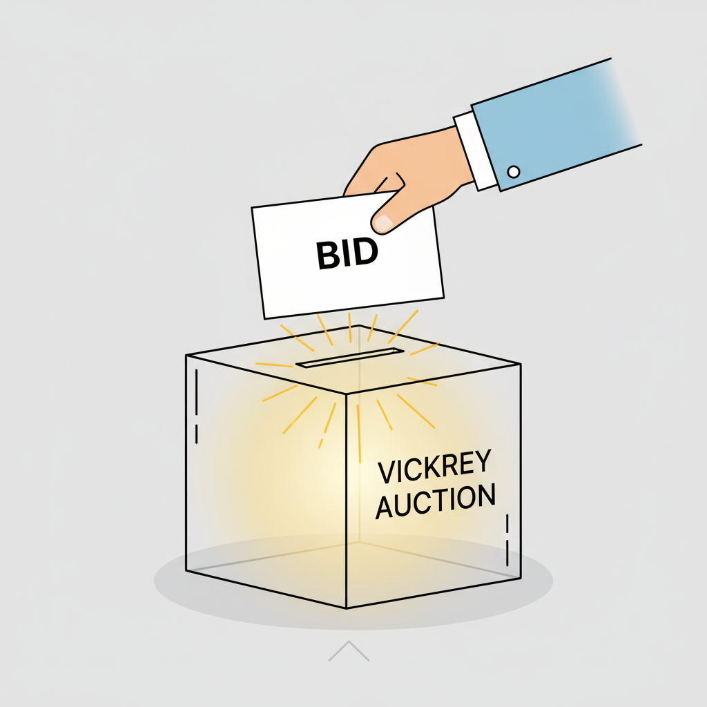 hand submitting bid envelope into glowing Vickrey auction box