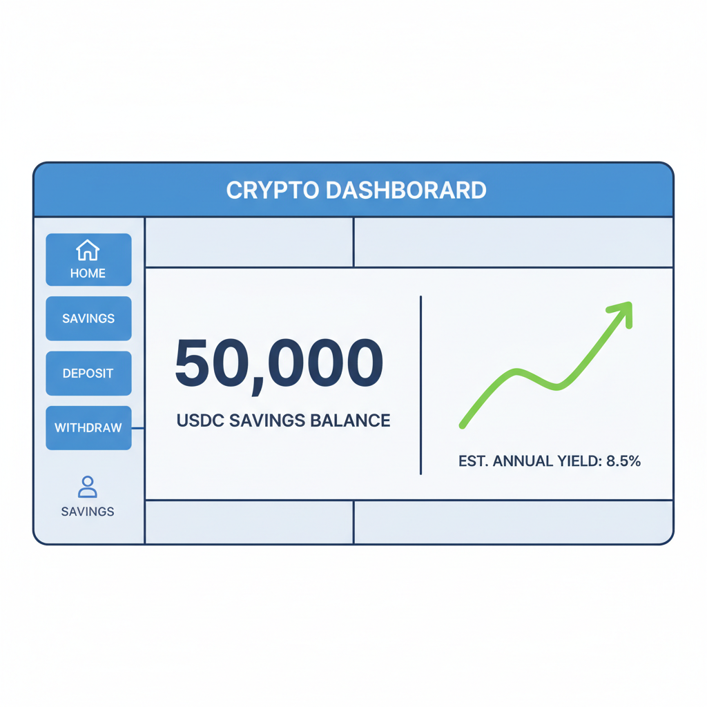 Dashboard displaying USDC savings balance with yield graph rising