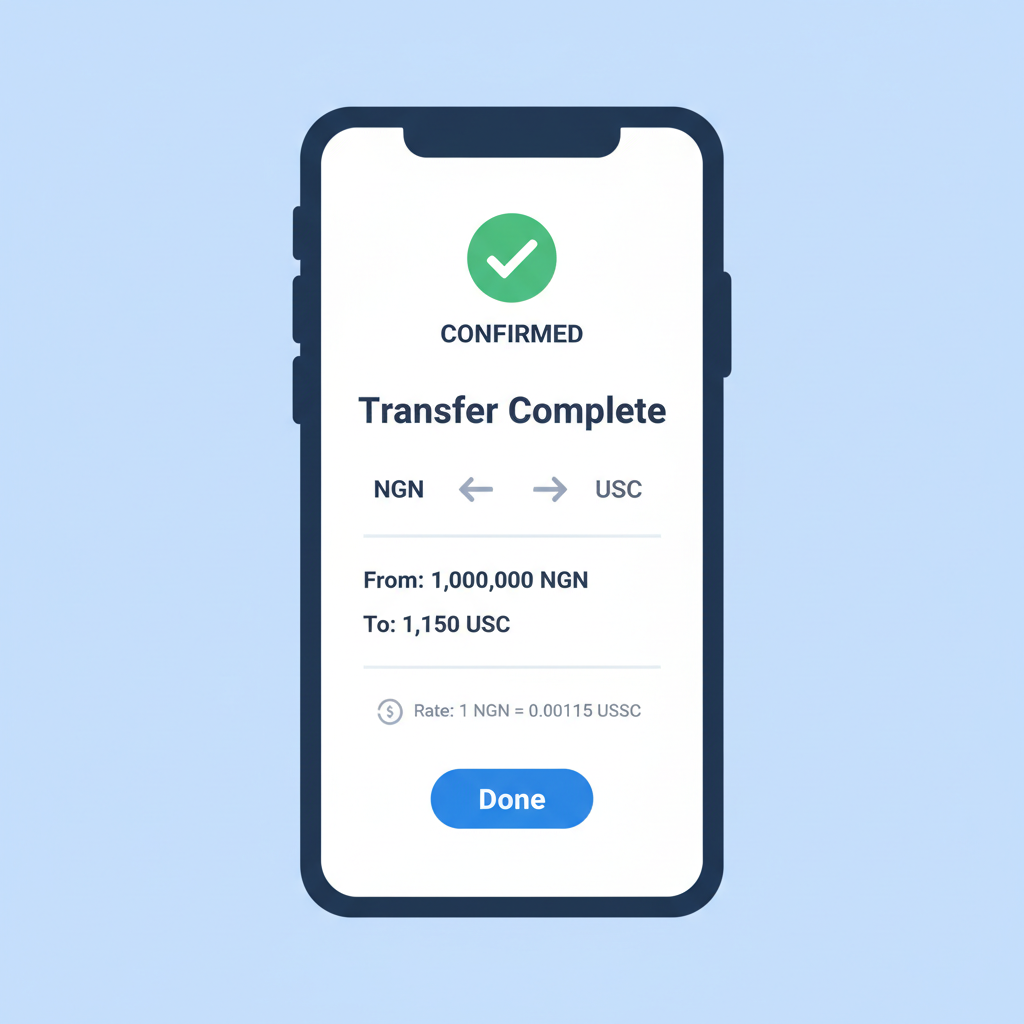 Mobile transfer screen showing Naira to USDC conversion confirmation