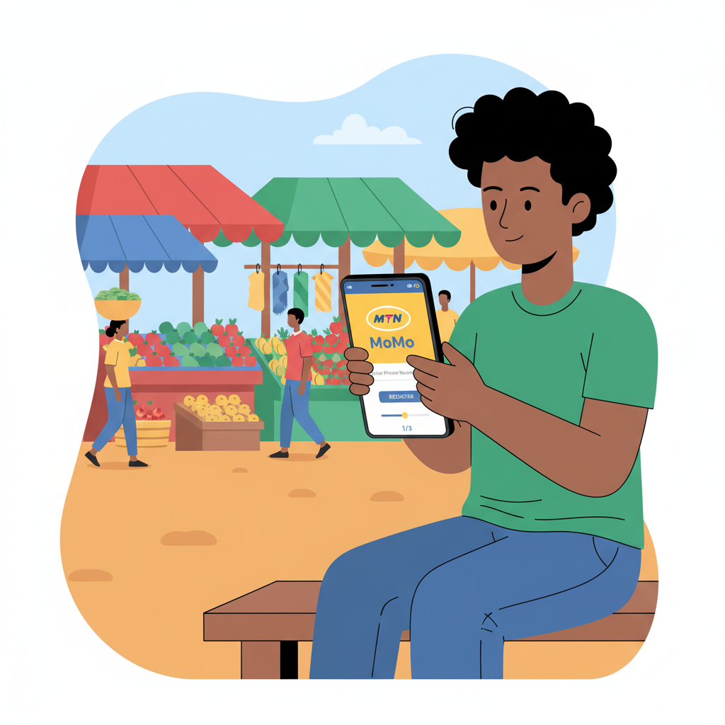 Nigerian person registering MTN MoMo app on smartphone, vibrant market background