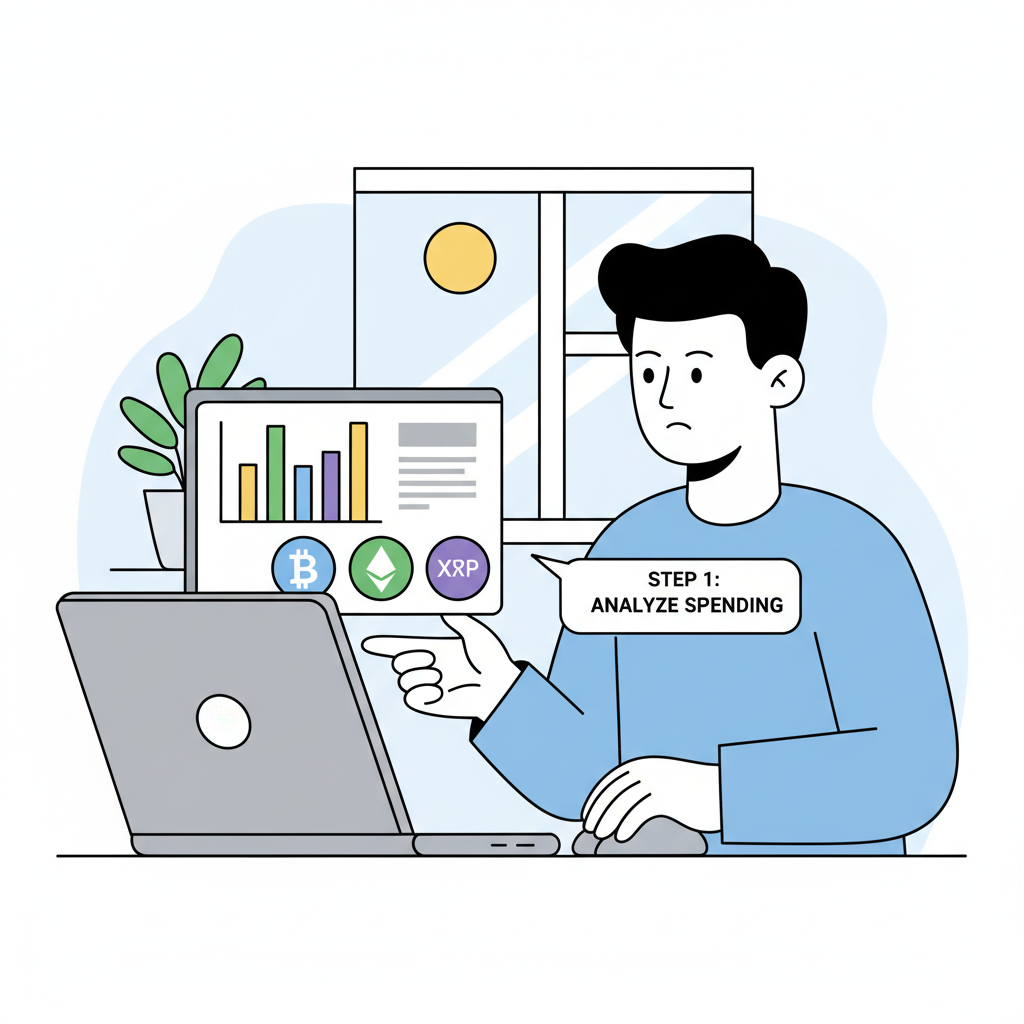 person analyzing spending chart on laptop with crypto card icons