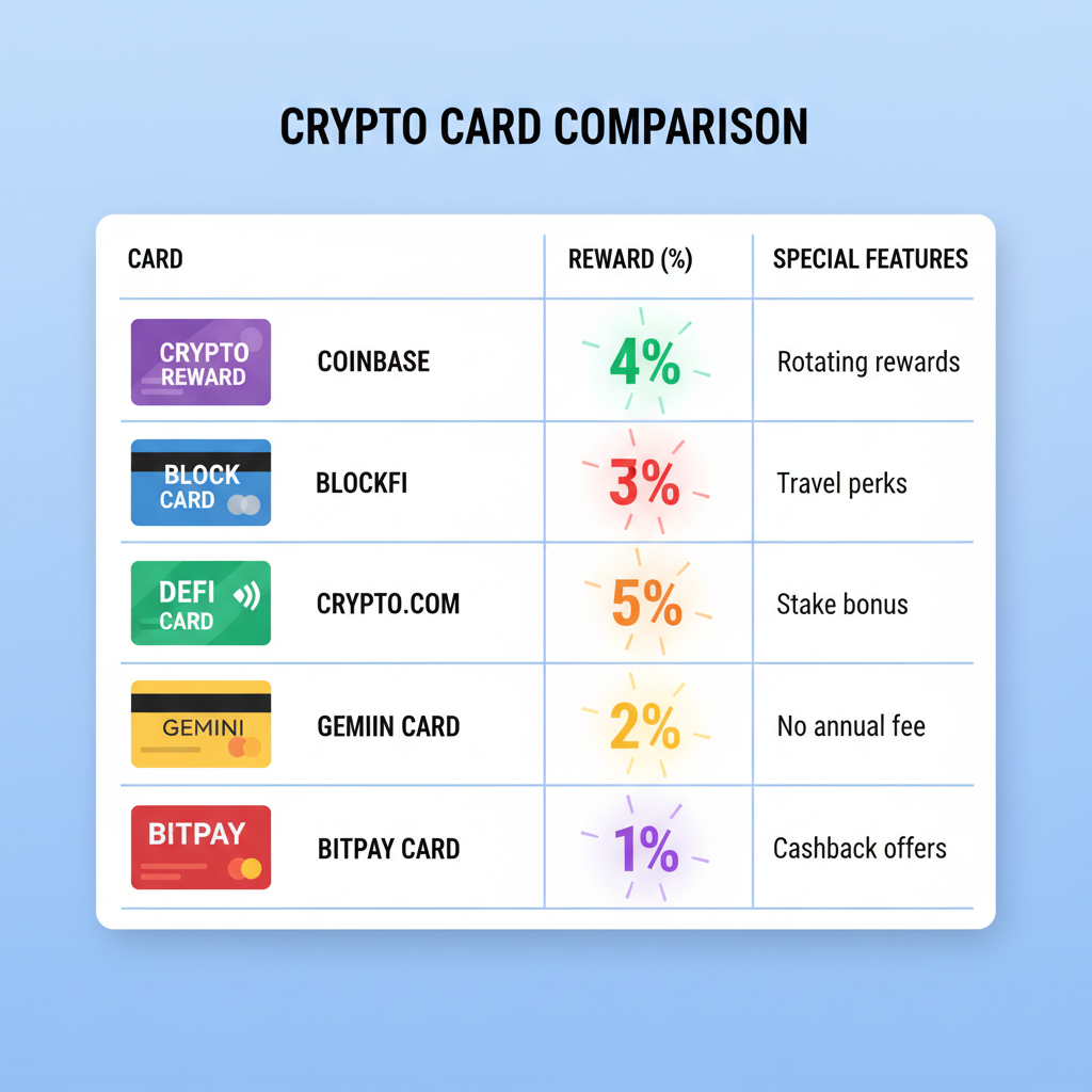 comparison table of 5 crypto cards with reward percentages glowing