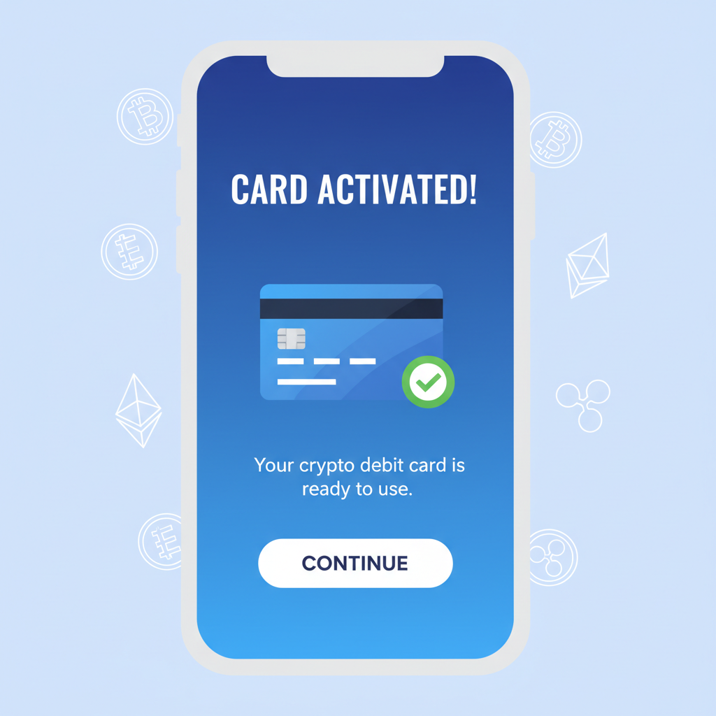 mobile app screen activating crypto debit card with checkmark