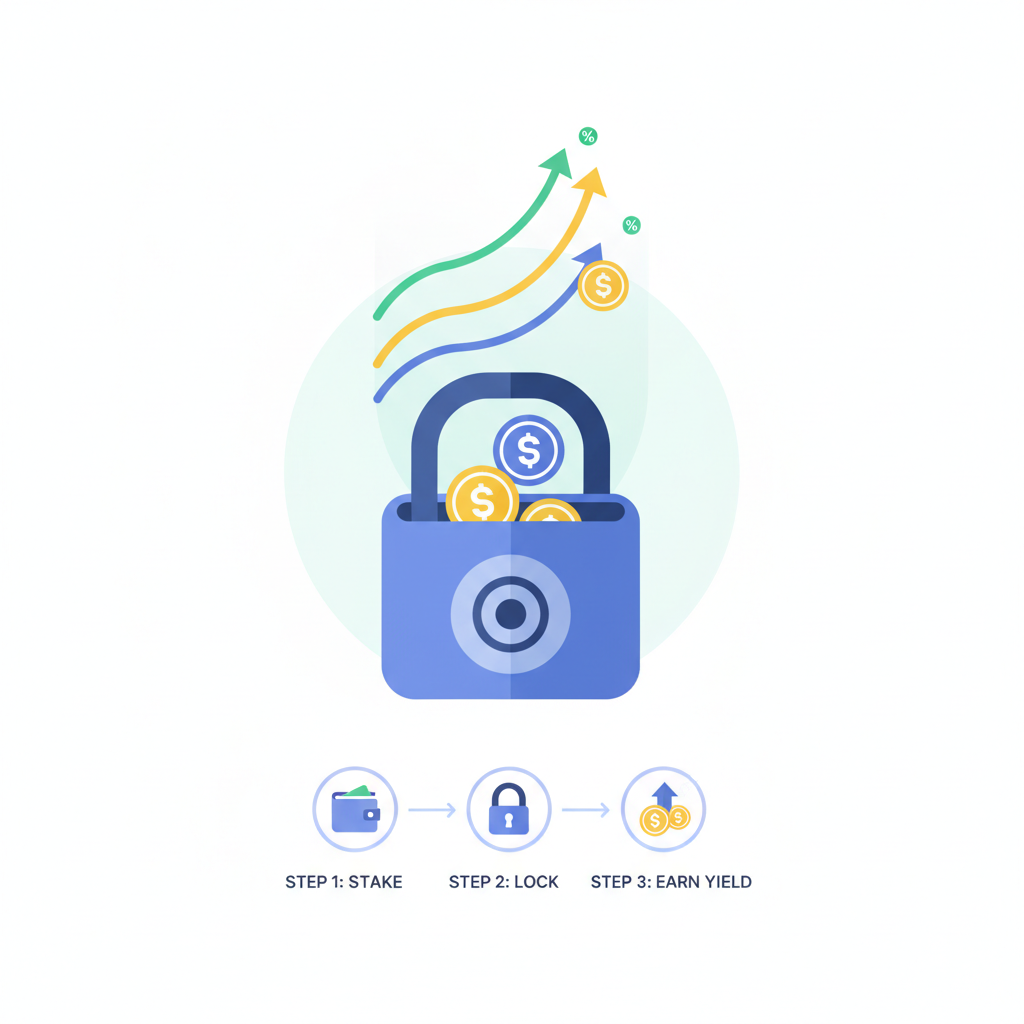 wallet staking tokens into lock with yield graphs rising