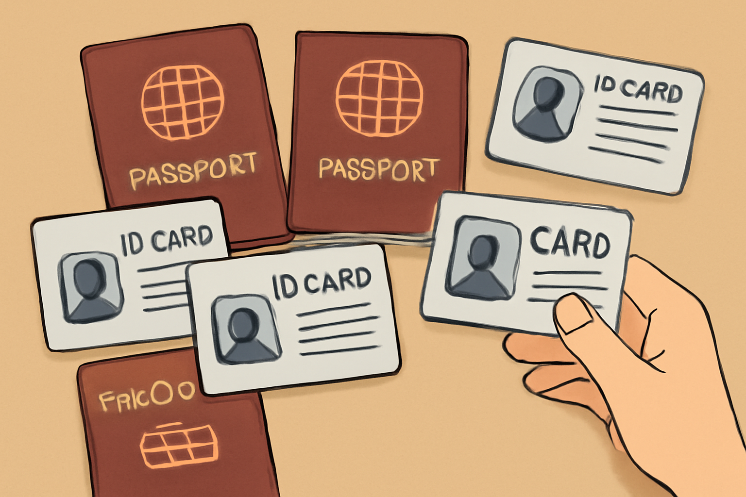 Close-up of multiple passports and national ID cards arranged neatly on a table, with a hand holding one of them.