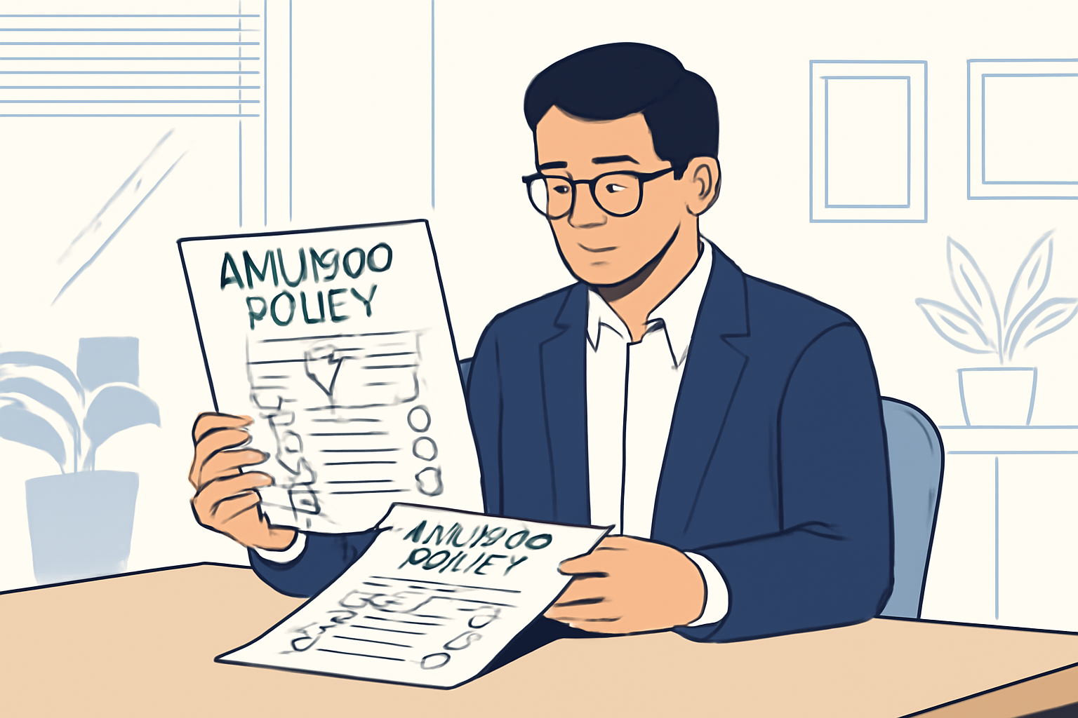 A compliance officer reviewing printed AML/KYC policy documents, with flowcharts and checklists visible, in a professional office environment.