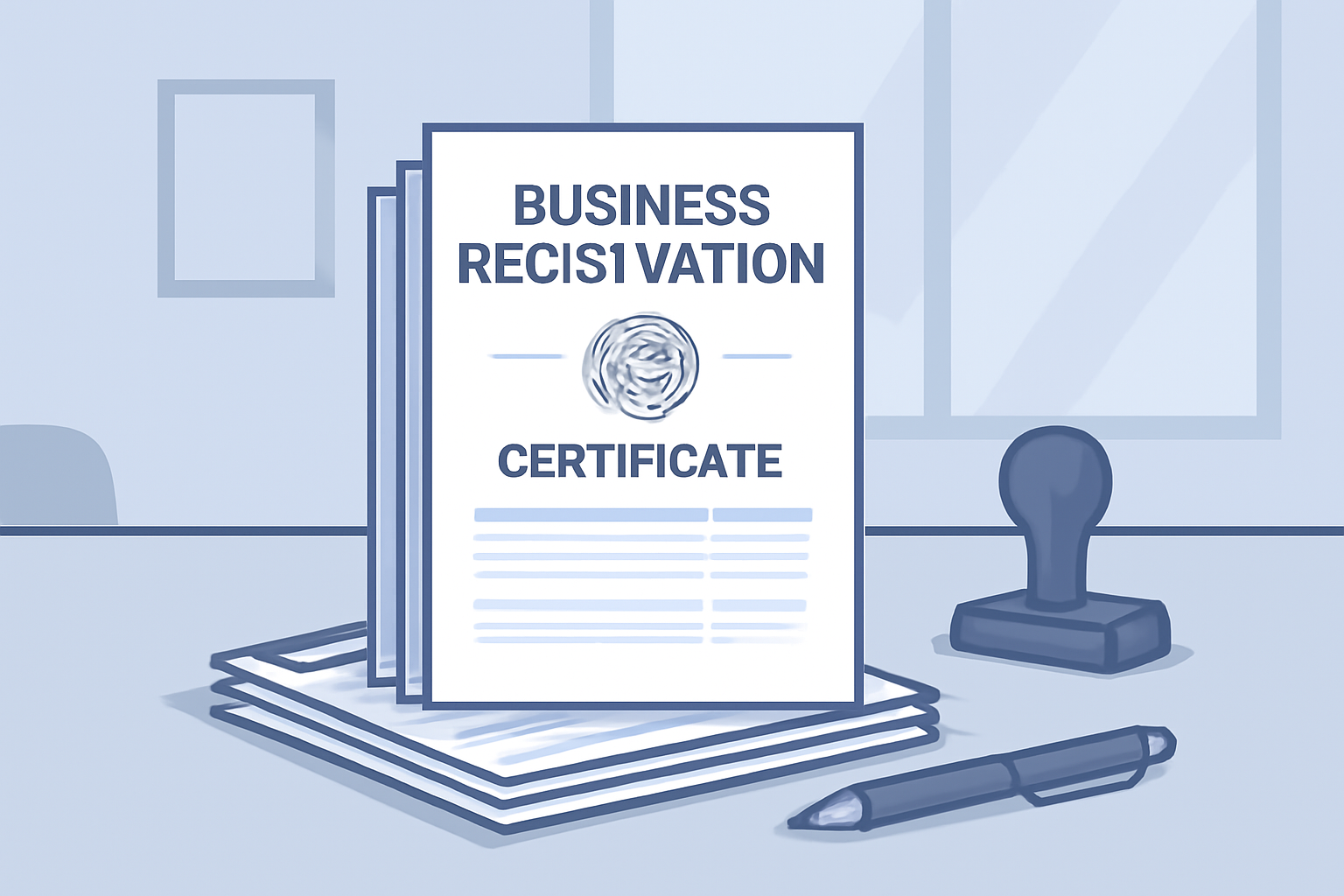 A stack of official business registration documents and certificates on a desk, with a pen and a business stamp nearby, in a modern office setting.