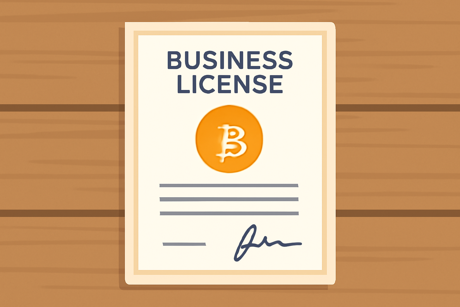 A business license certificate with a crypto logo, displayed prominently on a wooden desk, with a digital signature visible.
