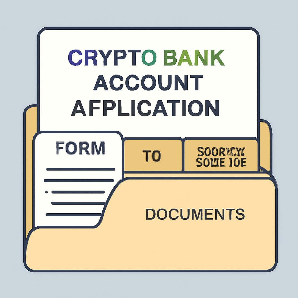 A neatly organized folder or digital file directory labeled 'Crypto Bank Account Application', with tabs for each document type.